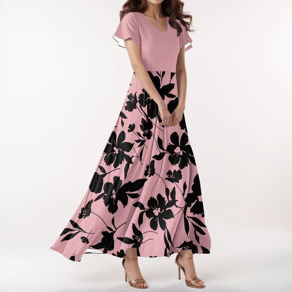 Women's Casual V-neck Short Sleeve High Waist Retro Flower Leaf Print Dress