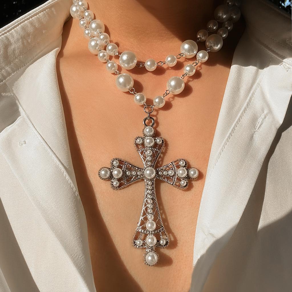 Ingemark Luxury Vintage Rhinestone Chain Imitation Pearl Chain Necklace for Women Punk Cross Pendant Choker Christian Jewelry