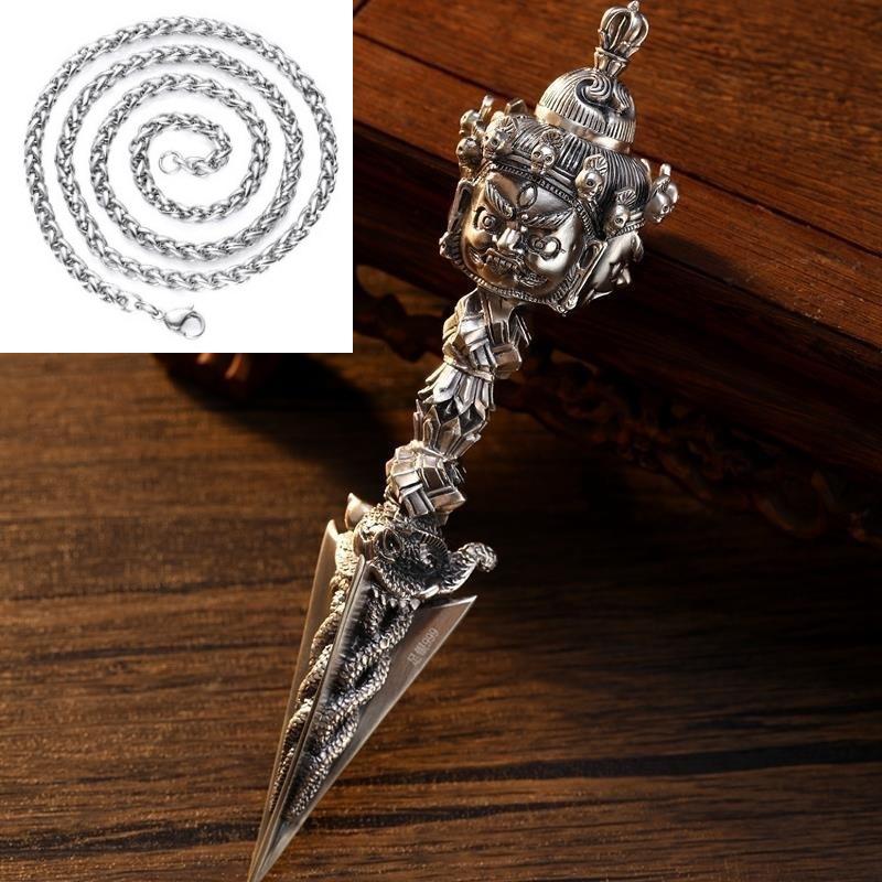 Nowy naszyjnik z wisiorkiem w kształcie moździerza Wadżra dla mężczyzn i kobiet, ze srebra próby 925, retro, z wisiorkiem w kształcie moździerza tłumiącego demony, spersonalizowany, modny, łańcuszek do swetra, wisiorek