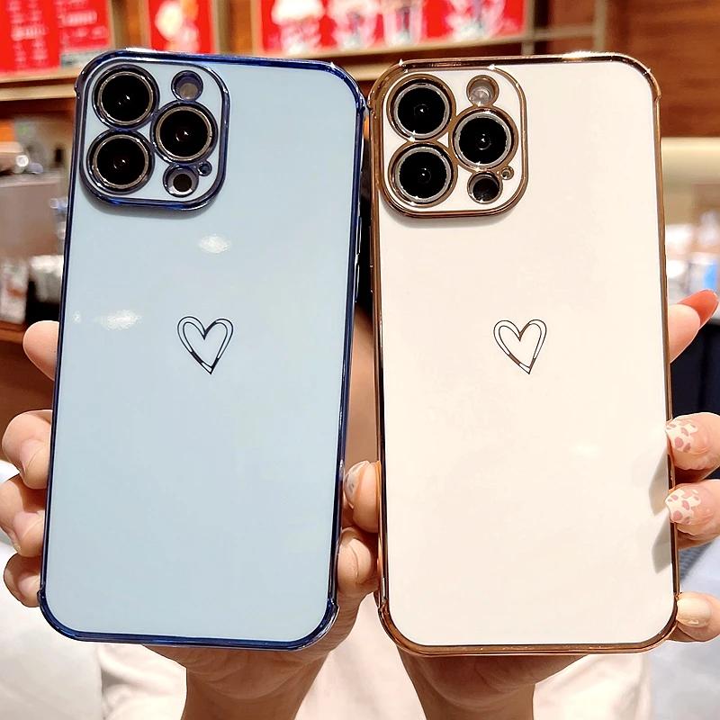 Luxury Electroplated Love Heart Phone Case For iPhone 11 12 13 14 15 16 Pro Max XS X XR Max Plus Soft Silicone Cover