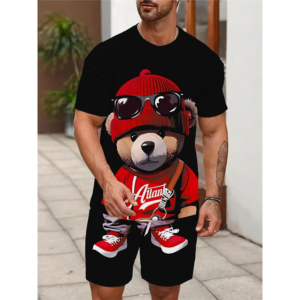 Summer Men's Personalized Two-piece Short-sleeved Cartoon Duck Print Drawstring Shorts Fashion Outdoor Large Size Sports Suit