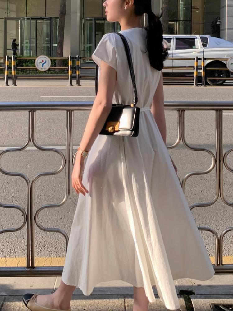 Korean Fashion O Neck Loose Solid Dress Women Elegant Casual Thin Short Sleeve Lace Up Dresses Female Design Chic Natural A Line Long Dress buy the best products in the Ayzeze Korean Fashion O Neck Loose Solid Dress Women Elegant Casual Thin Short Sleeve Lace Up Dresses Female Design Chic Natural A Line Long Dress buy the best products in the Ayzeze