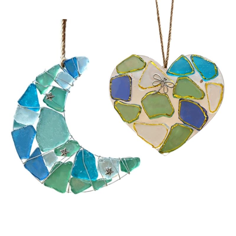 Coastal Christmas Hanging Ornament Beach Decors Xmases Pendants Decors Gift Handmade Sea Glass Moon/Heart Ornament 1