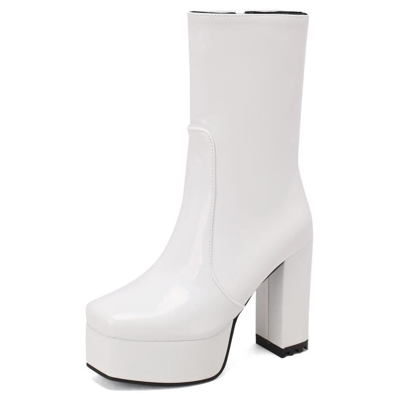 Dame Midtkalvstøvletter Platform Glidelås Kort Støvlett Svart Rosa Rød Hvit Hæl Festsko Damer Vintersko Sko Stor Størrelse