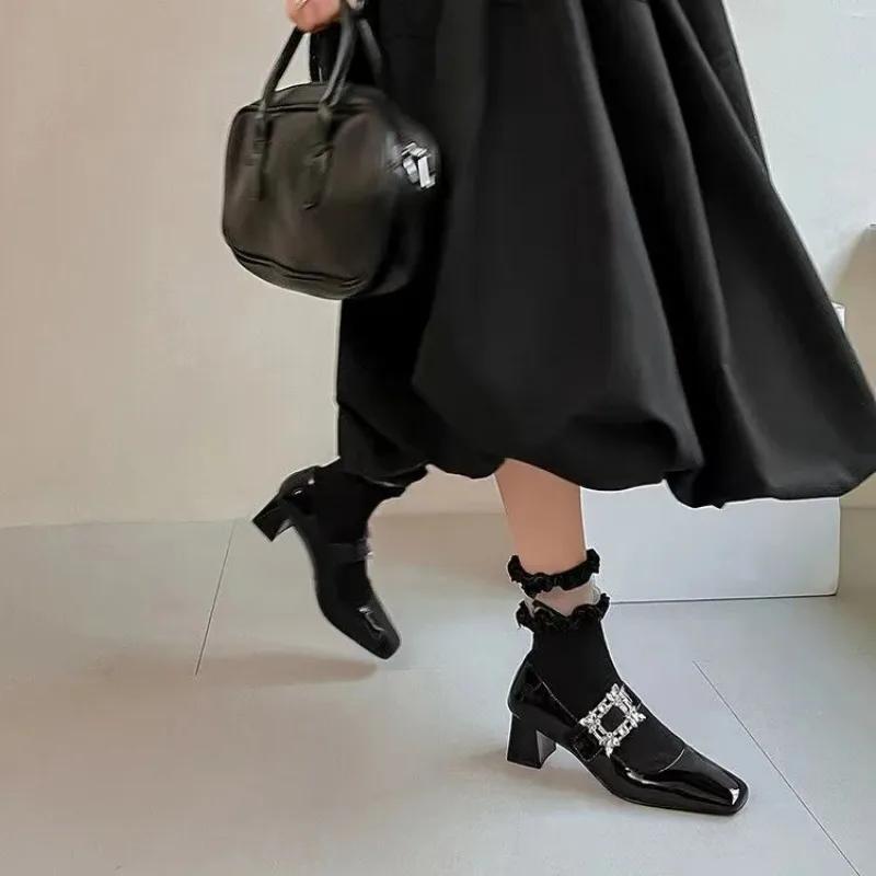 Fashion Shoes Shallow Mouth Block Heels For Women Pumps Sandals Ladies Square Toe Mary Jane Chunky African Retro Lolita Straps Leather
