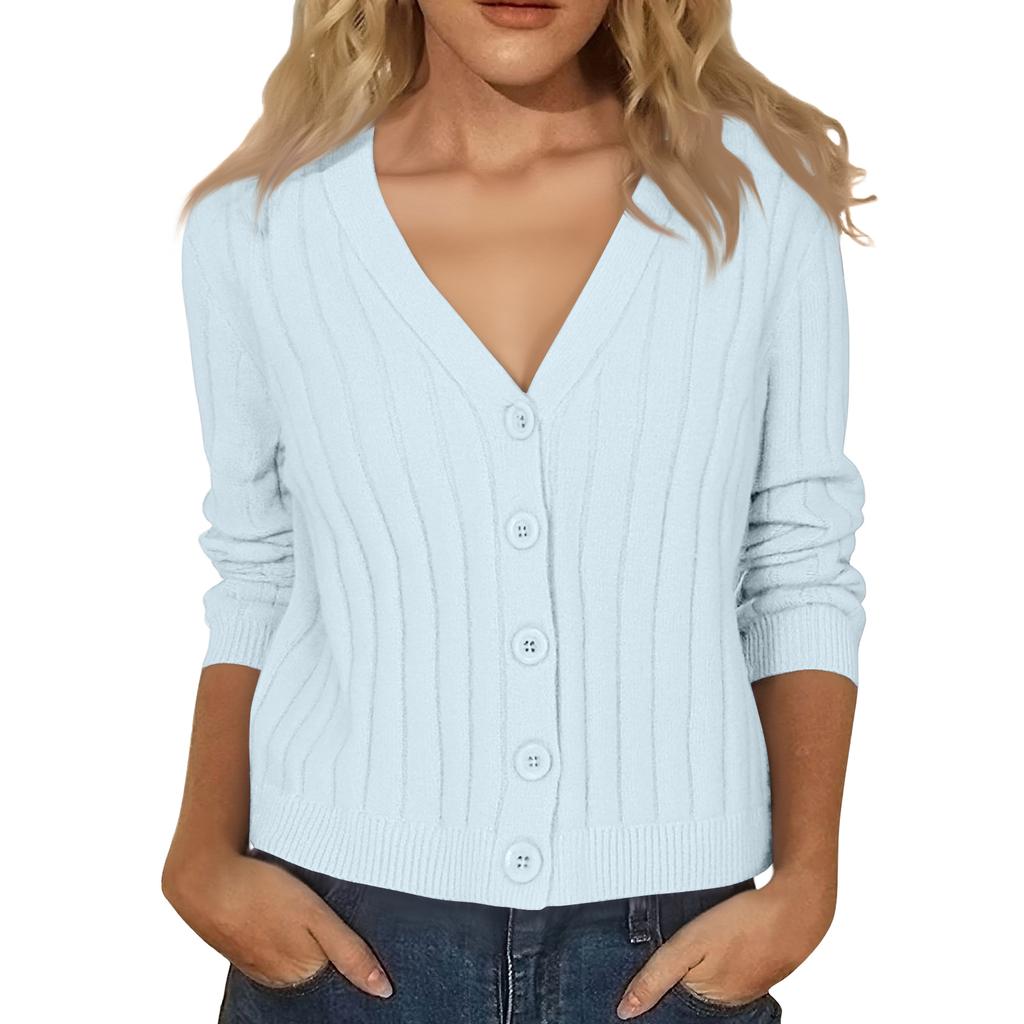Women's Fashion Long-Sleeve V-Neck Lightweight Knit Sweater Solid Color Outerwear Top