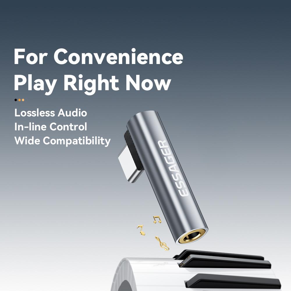 ESSAGER Type-C Male To 3.5mm Female L-Shaped Audio Adapter Inline Control Audio Adapter