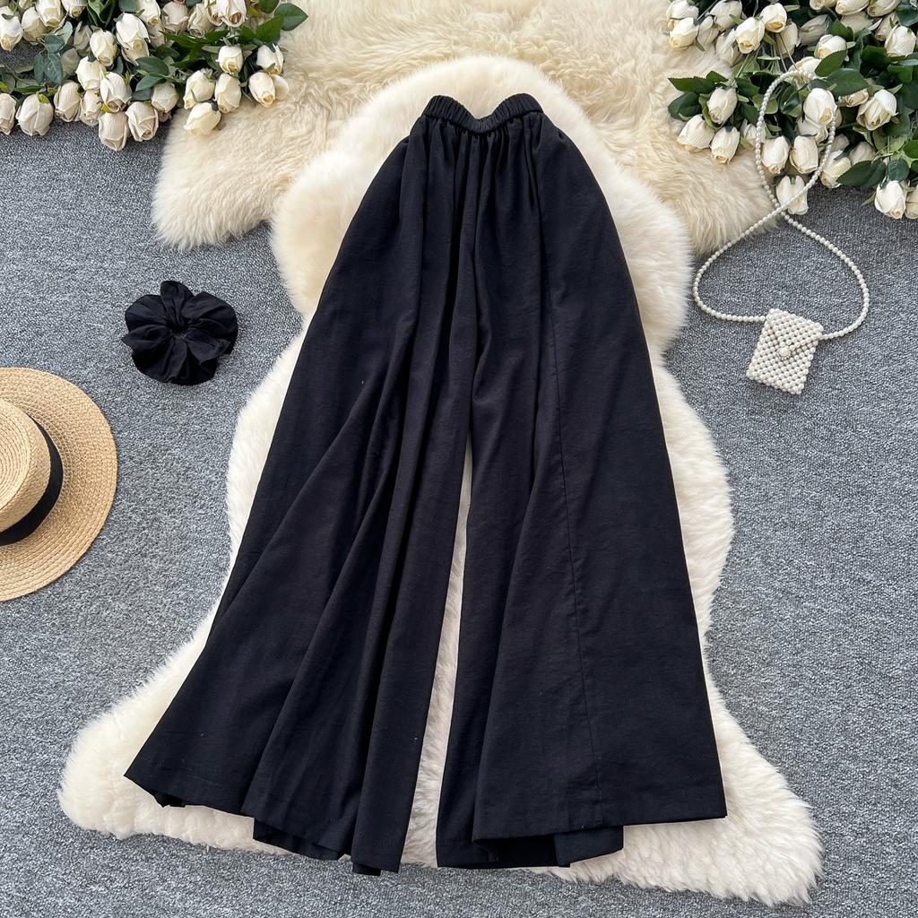 Summer Women Chic Boho Elastic Waist Wide Leg Ankle Length Pant Trouser With Pocket