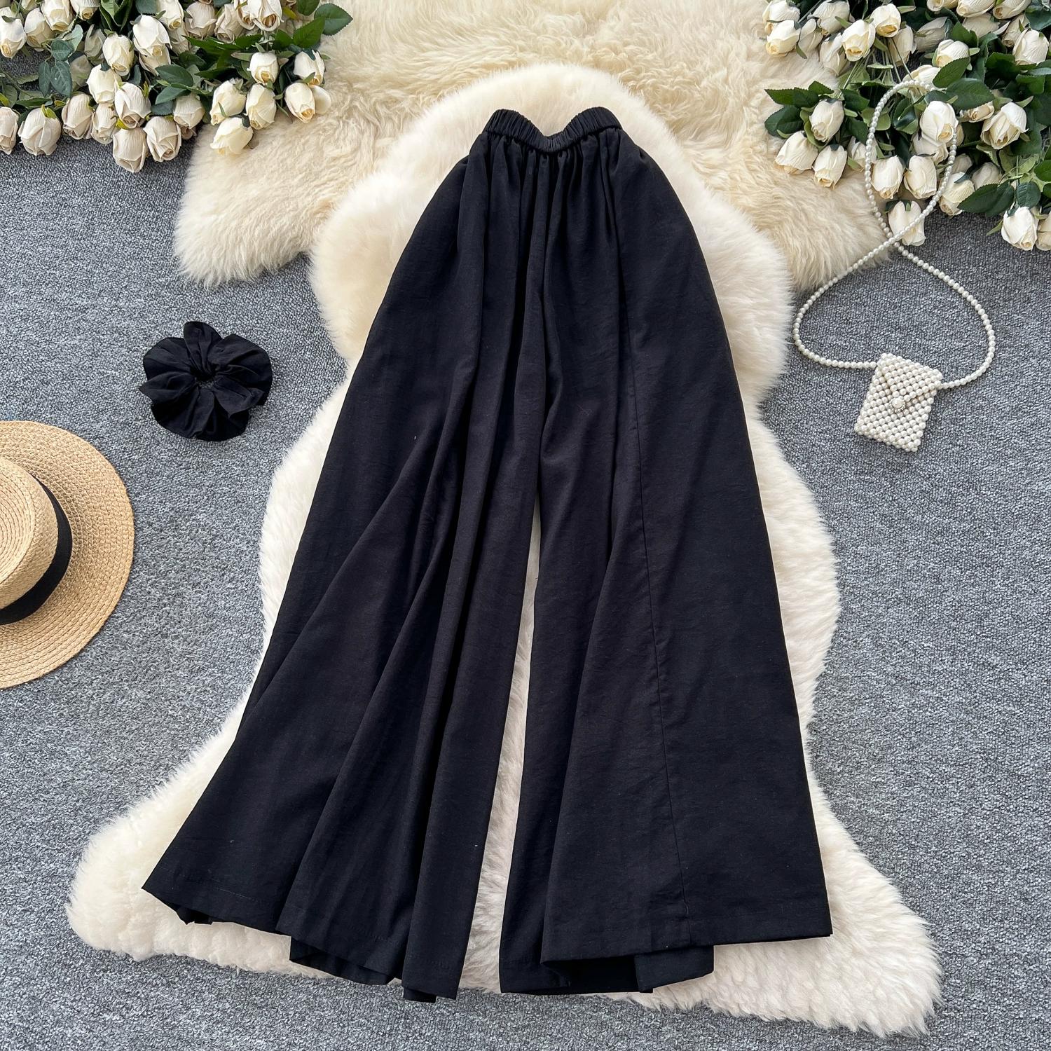 

Летние женские шикарные брюки в стиле бохо с эластичной талией, широкими штанинами длиной до щиколотки и карманом XL чёрный