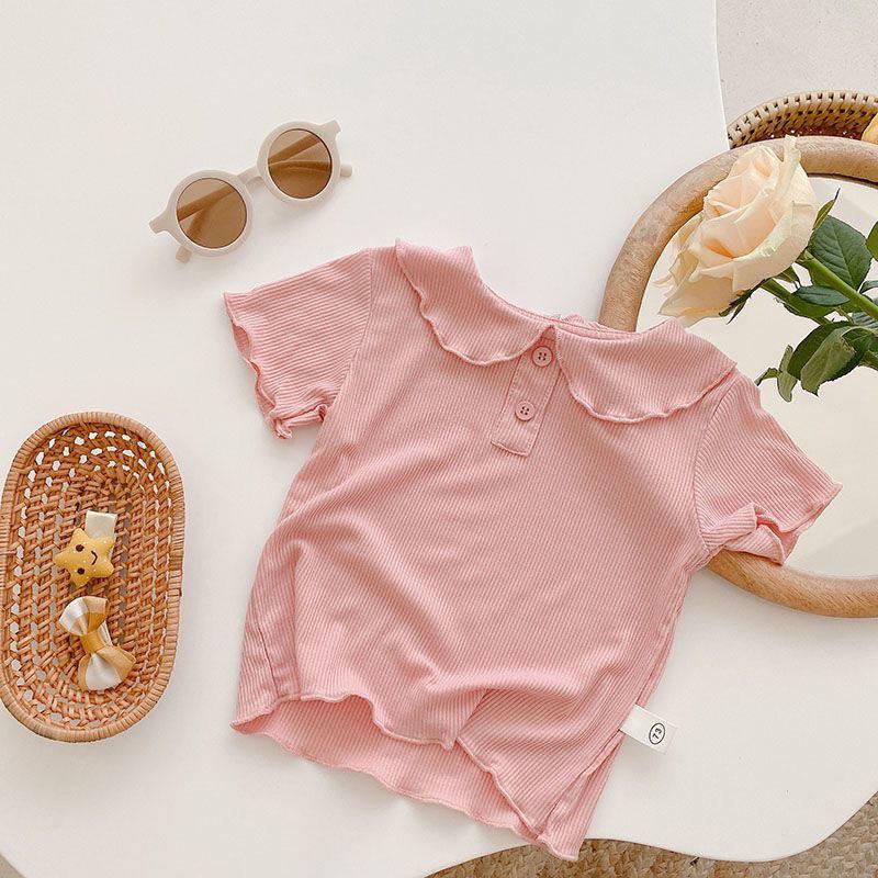 Summer Girls' Ice Silk Peter Pan Collar Short Sleeve T-Shirt – Solid Color, Thin Style, Versatile Children's Top.