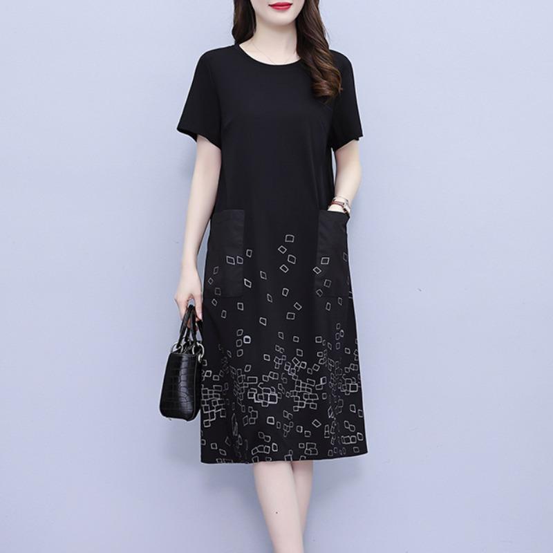 Middle-aged Mother Loose Belly-covering Dress Summer New Black Versatile Straight Skirt Retro Age-reducing