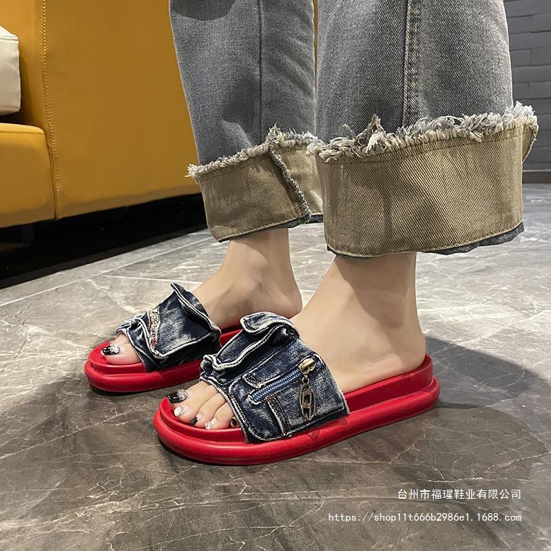 Thick-soled One-word Cool Slippers Fashionable Retro Denim Slippers Outer Wear Design Sense Beach Shoes Sandals Women's Foreign Trade