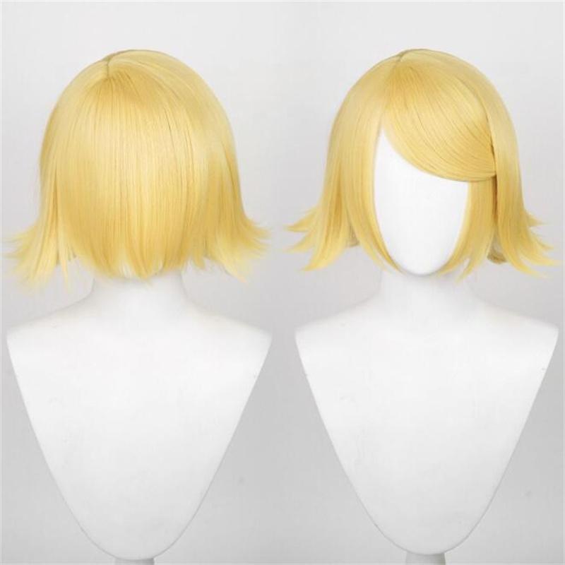 High Quality Anime Len Cosplay Wig Short Golden Blond Pigtail Heat Resistant Synthetic Hair Wigs + Wig Cap