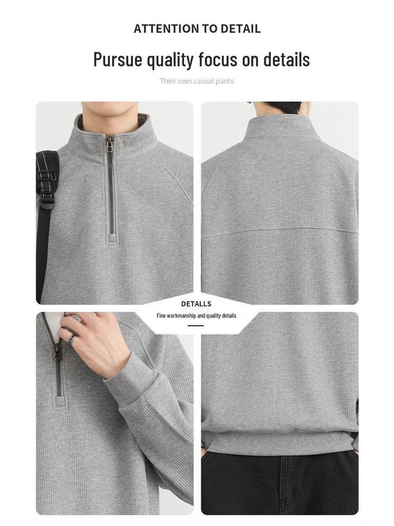 Men's Retro Fleece-Lined Half-Zip Stand Collar Jacket | Solid Color Casual Sweatshirt for Spring, Autumn, Winter
