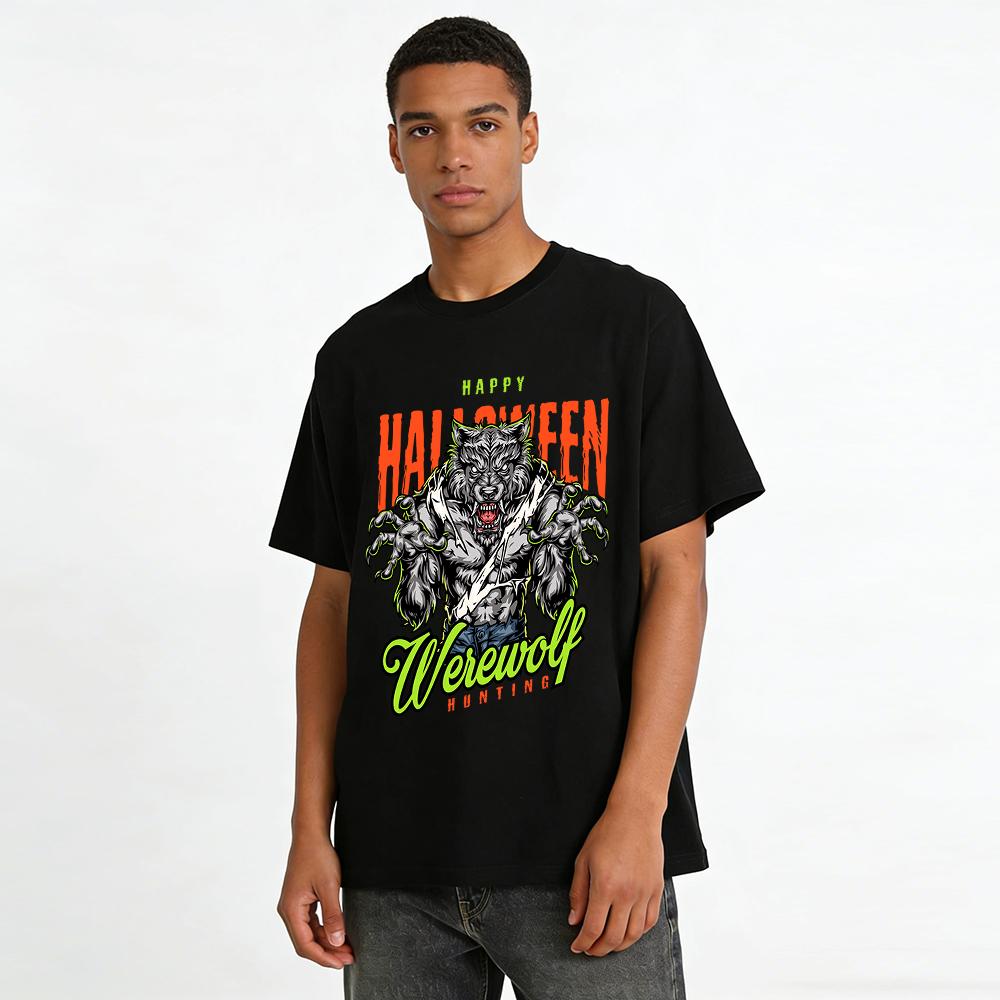 Halloween Werewolf Hunting Themed Graphic Print Festival T-Shirt Pure cotton T-shirt