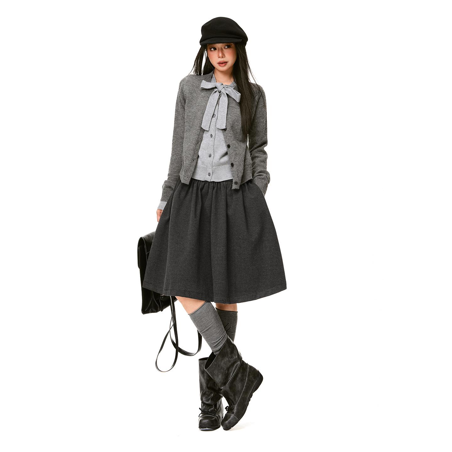 

25-й образ дня! | Женская плотная шерстяная юбка миди: А-силуэт, Эластичная талия, Облегающий дизайн-зонт для Осени/Зимы 2025 S серый