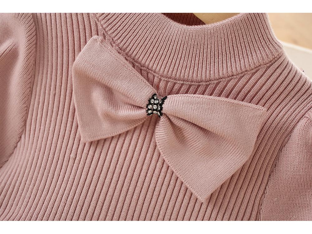 Rochie de iarnă tricotată cu fundă pentru fete, din lână, cu mâneci bufante - Stil coreean