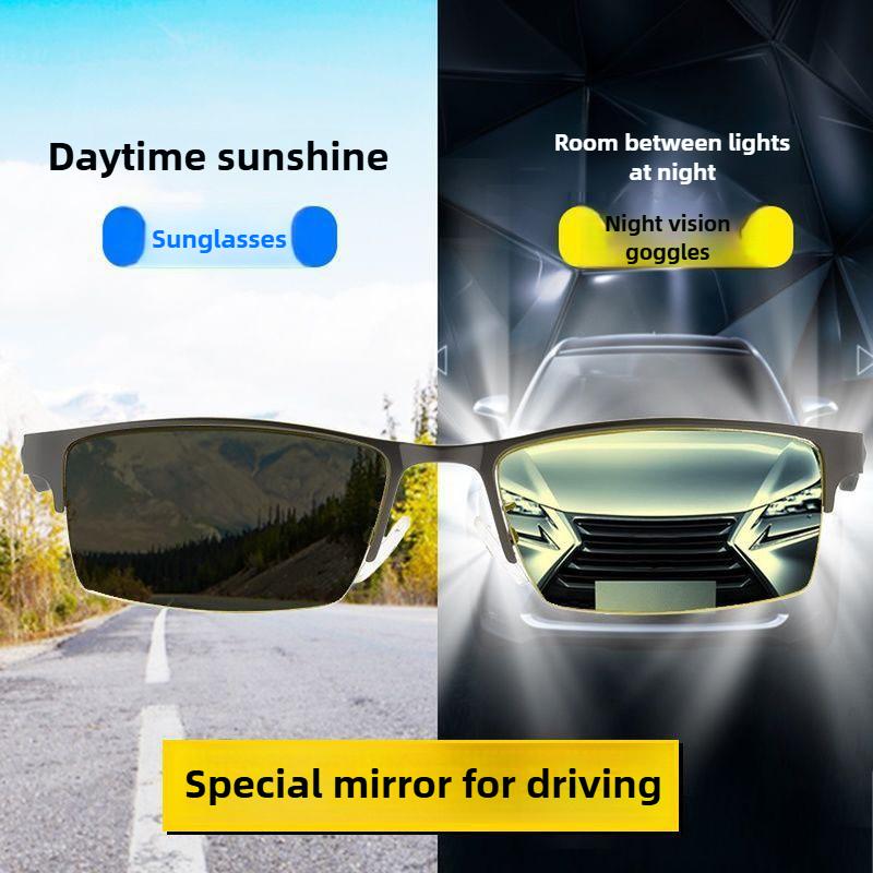 Men Half Frame Night Vision Photochromic Myopia Glasses Day and Night Anti-blue Light Eyewear Business Yellow Lenses Glasses