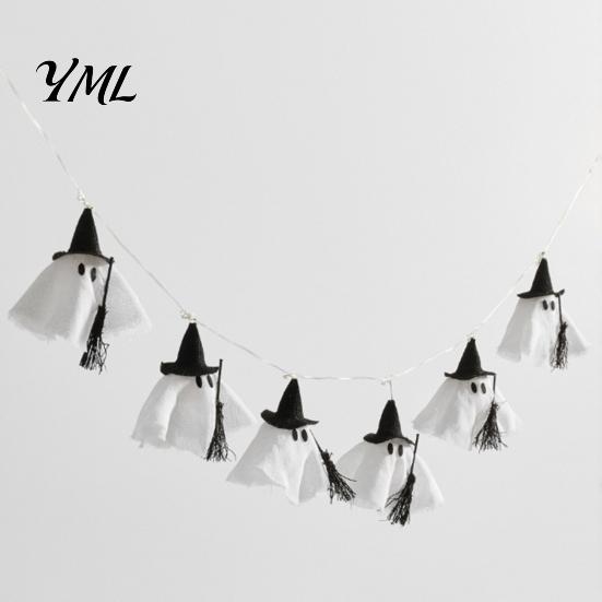Retro-Textur Halloween-Requisiten Geister-Lichterkette, Hängendes Stoffstück mit Zaubererhut, Fenster-Kamin-Wanddekoration Leuchtende Lichterketten für Zuhause