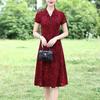 Spring Fall Floral Printed V Neck Lapel Collar Short Sleeves A-Line Midi Dress Casual Knee Length Dress for Women Middle Aged Ladies