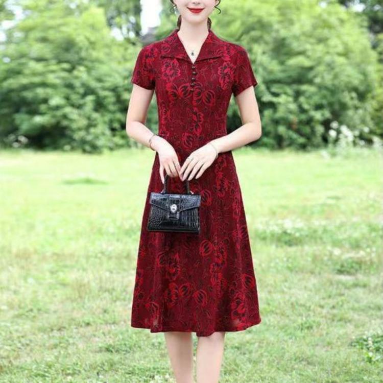 Spring Fall Floral Printed V Neck Lapel Collar Short Sleeves A-Line Midi Dress Casual Knee Length Dress for Women Middle Aged Ladies