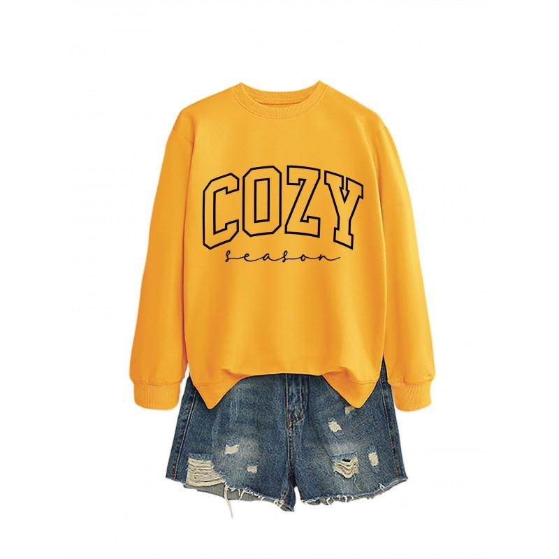 Womens Cozy Casual Round Neck Long Sleeve Cotton Sweatshirt With Letter Print Loose Fit