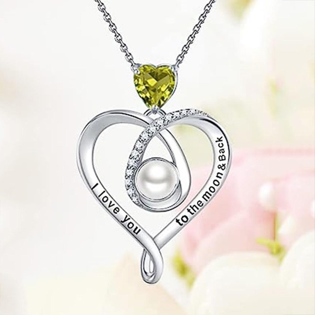 I Love You To The Moon and Back Engraved Heart Pendant Necklace with Yellow Stone and Pearl
