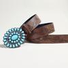 Boho Belt Rose Flower Carved Pattern Faux Turquoise Decor Vintage Western Belt Snap Button Imitation Leather Waistband