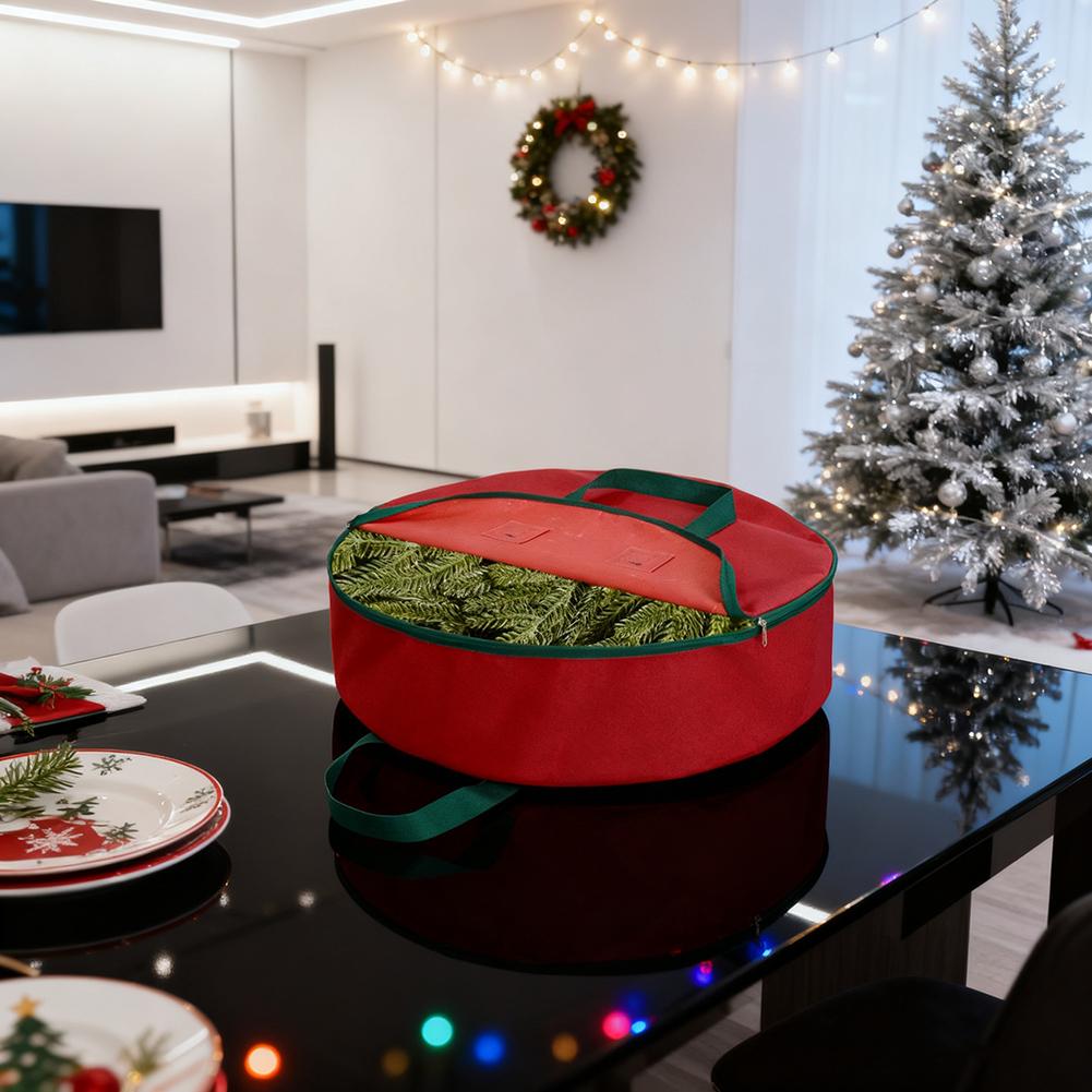 Christmas Wreath Storage Bag Red 600D Oxford Polyester with Handles for Organizing Wreaths and Seasonal Decorations