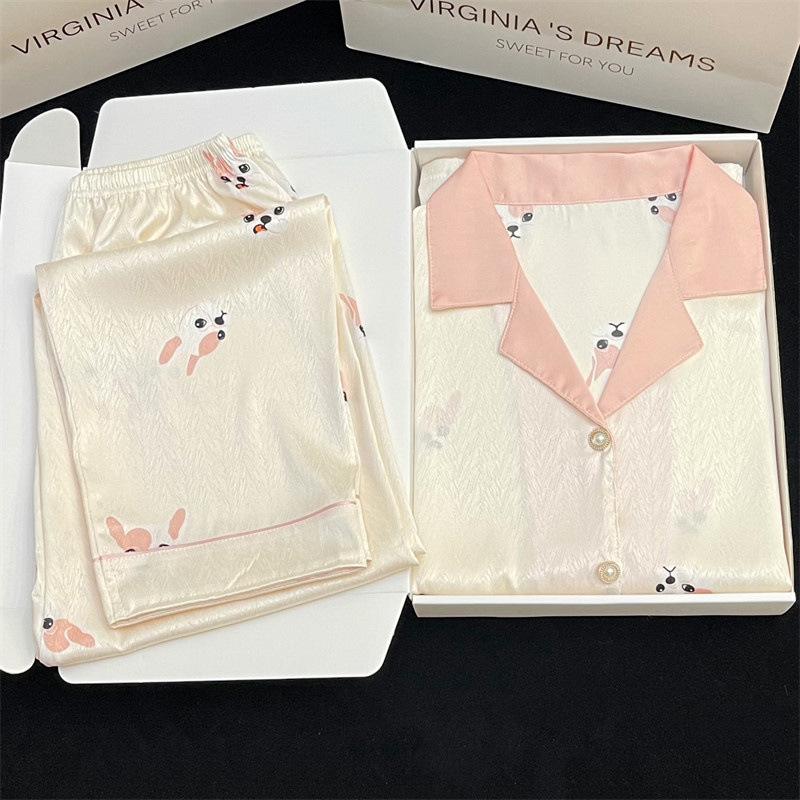 Ice Silk Pajamas Women'S Spring And Autumn Long-Sleeved Cute Little Milk Dog Cute Rabbit Loungewear Women'S Two-Piece Suit