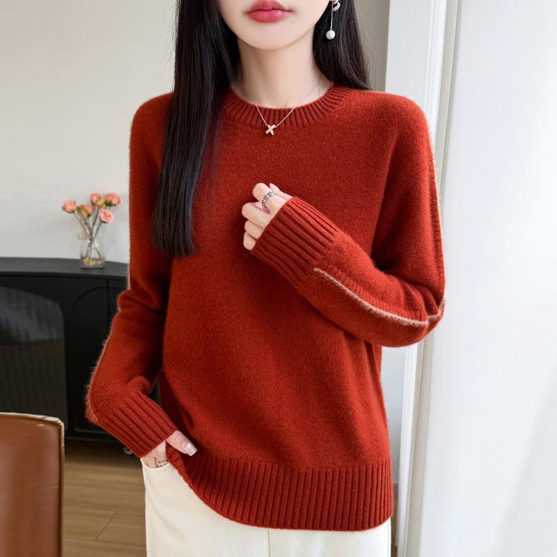 2026 Winter Pure Wool Color Block Knit Sweater - Thick, Double-Ply, Round Neck, Long Sleeve