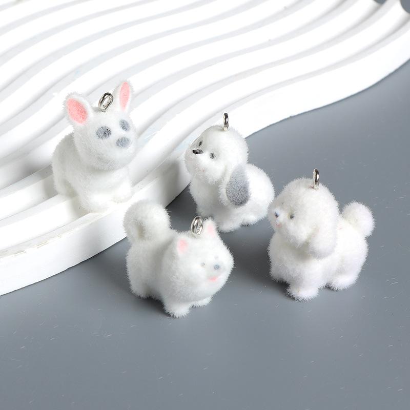Cute Flocked 3D Dog Resin Figure Animal Statue Keychain Pendant for DIY Crafts Home Desk Decor Kawaii Gift Ideas