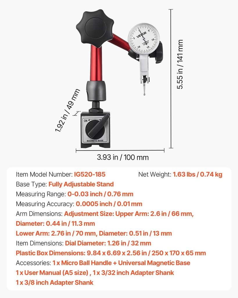 Dial Test Indicator with Universal Magnetic Base and Storage Case, 0.01 Mm Accuracy, 0-0.76 Mm Range, Micro Ball Handle for Narrow Area Measurement,