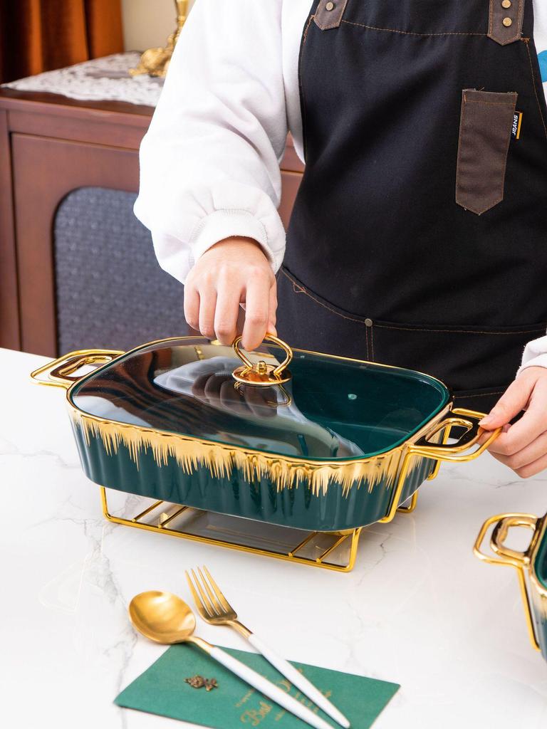 Rectangular Golden Ceramic Baking Casserole Pot with Stand