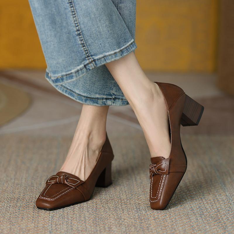 Fashion Retro Bowknot High Heels 2025 New Spring Autumn Fashion Elegant Square Toe Stiletto Chunky Heels Pumps Party Dress Casual Shoes