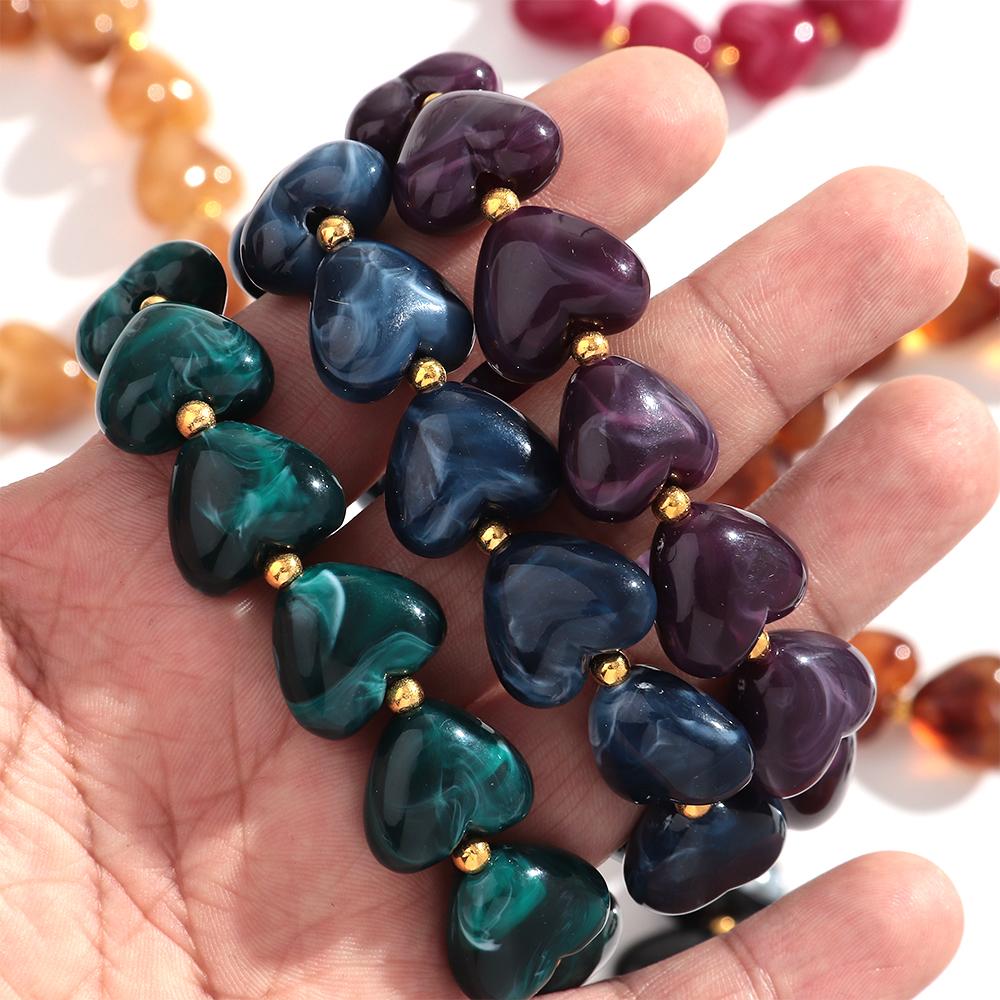Vintage Multicolor Resin Heart Beaded Chain Bracelets for Women New Trendy Acrylic Elastic Bracelet Valentine's Day Jewelry Gift