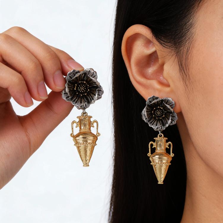 Europ and America Style Alloy Flower Vase Earrings for Women Ladies Vintage Art Trend Temperament Pendant Earrings Jewelry Gifts