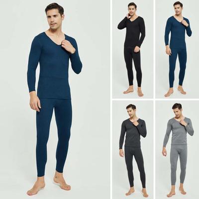 2 Pcs/Set Winter Men Thermal Underwear Set V Neck Long Sleeve Warm Thick Plush Seamless Pure Color Slim Fit Elastic Men Pajamas Set Sports Tracksuit