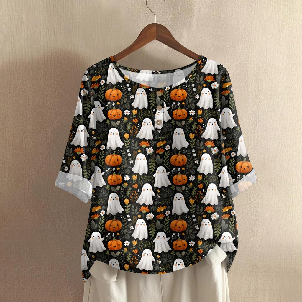 Damska codzienna bluzka z bawełny i lnu z nadrukiem Halloween z okrągłym dekoltem i rękawem 3/4