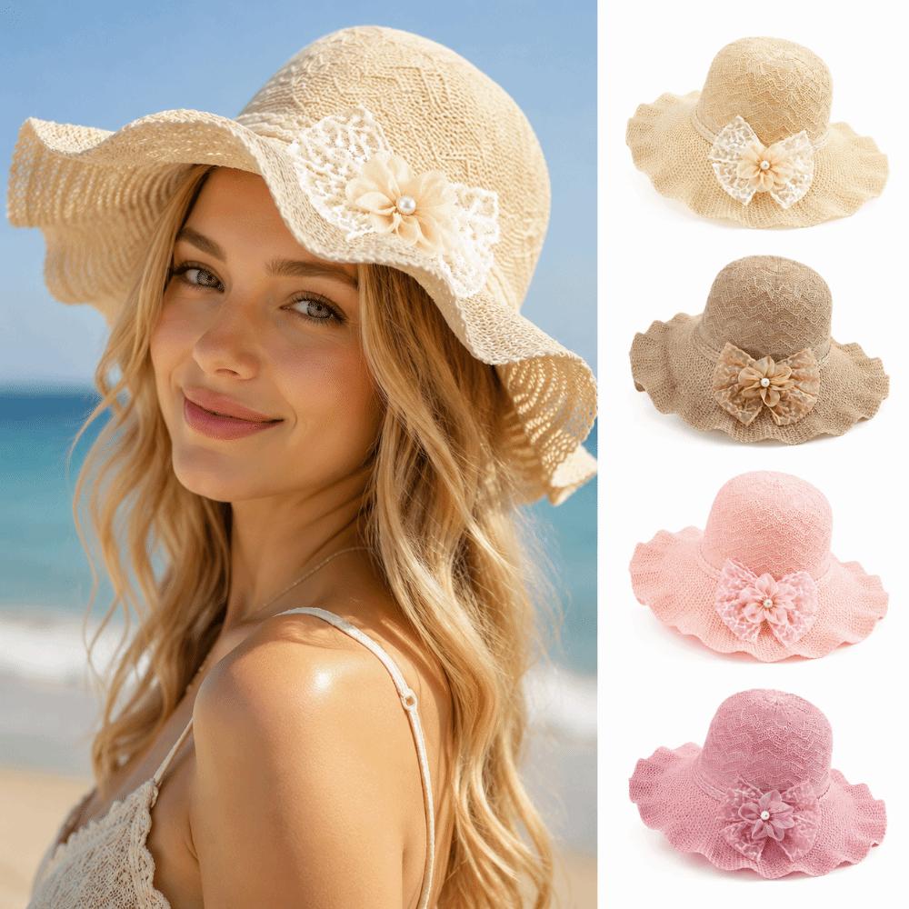 Breathable Wide Brim Straw Hat Adjustable Beach Sun Hat Sweet Ruffle Sun Hat  For Women Girls