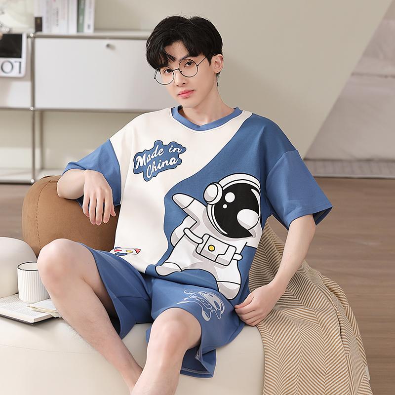 Sommer-Pyjama-Set für Herren mit süßem Cartoon-Print, Kurzarm-Oberteile und Shorts, Nachtwäsche, Loungewear, Studenten, zweiteilig, Nachtwäsche für Jugendliche und Jungen, Homewear für Männer