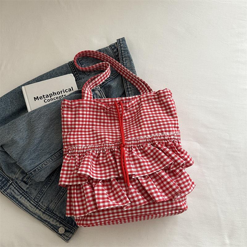 Sweet Plaid Lace Ruffled Drawstring Shoulder Bags for Women Large Capacity Ladies Tote Bag Lightweight Girls Handbags Tote