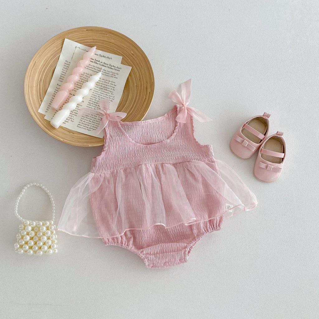 Summer Baby Romper: Pink Mesh Princess Dress with Sweet Bow for Newborn Girls