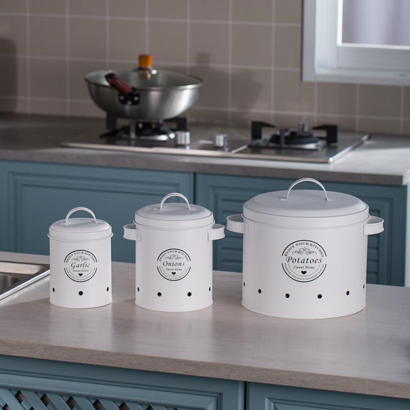 Household Iron Art Vegetable Storage Can Suit Kitchen Potato Ginger and Garlic Fresh Keeping Storage Bucket
