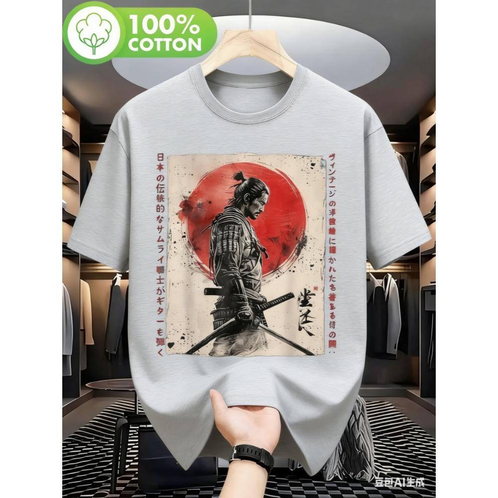Summer Cotton Men's T Shirt Japanese Samurai Ink Pattern Print Soft Comfortable Fabric Suitable Daily