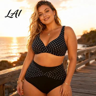 Übergröße Bikini Set 2 Teile/Set Set Kreuzbrust V-Ausschnitt BH mit integriertem Halt Kreuzbrust Oberteil High-Waist verdrehte Badehose Retro Punkt