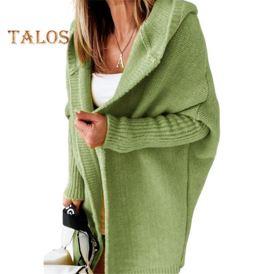 Women Sweater Coat Hooded Long Sleeve Ribbed Cuffs Open Front Knitting Coat Solid Color Mid-length Sweater Cardigan