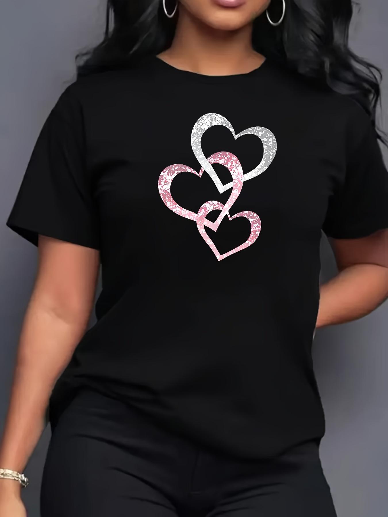 Pink Heart-to-heart Pattern Print Comfortable Women s Short-sleeve T-shirt Casual Printed Women s T-shirt Patterned Women s Top S разноцветный