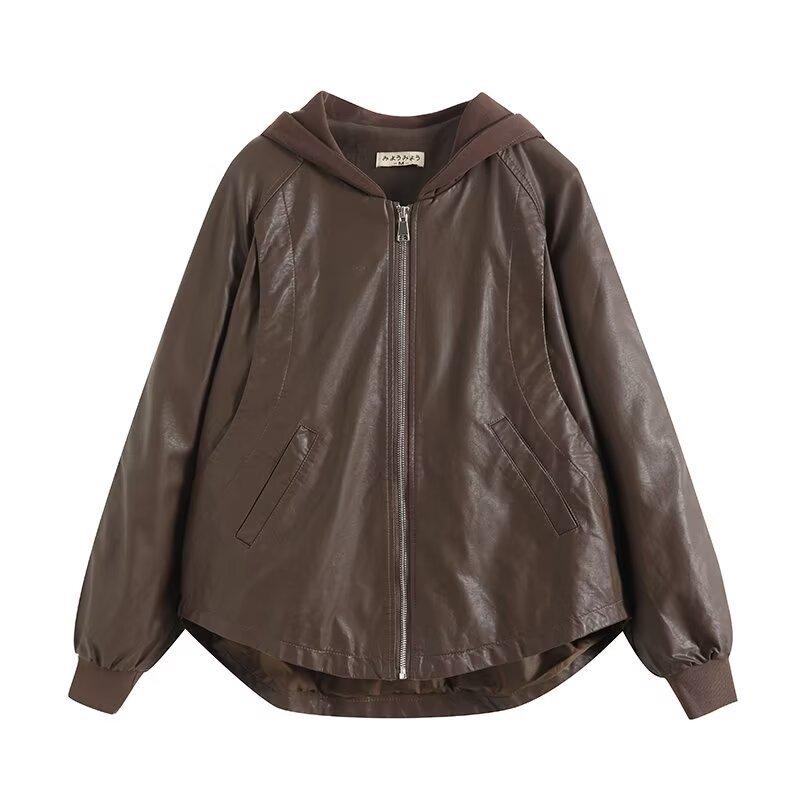 2024 Autumn Women's European & American Style Faux Leather Hooded Sweatshirt Coat