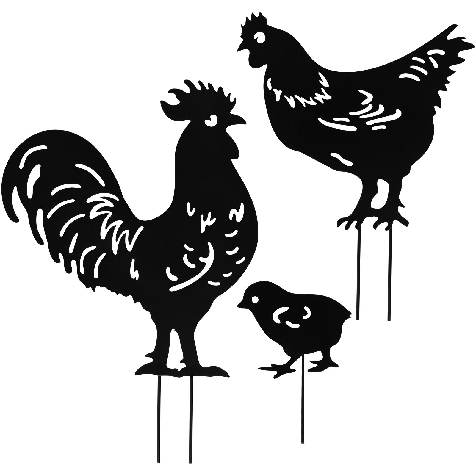 3Pcs Yard Art Garden Metal Sculpture Chicken Decoration Creative Rooster Outline Lawn After Outdoor Black Hen Garden Decorated